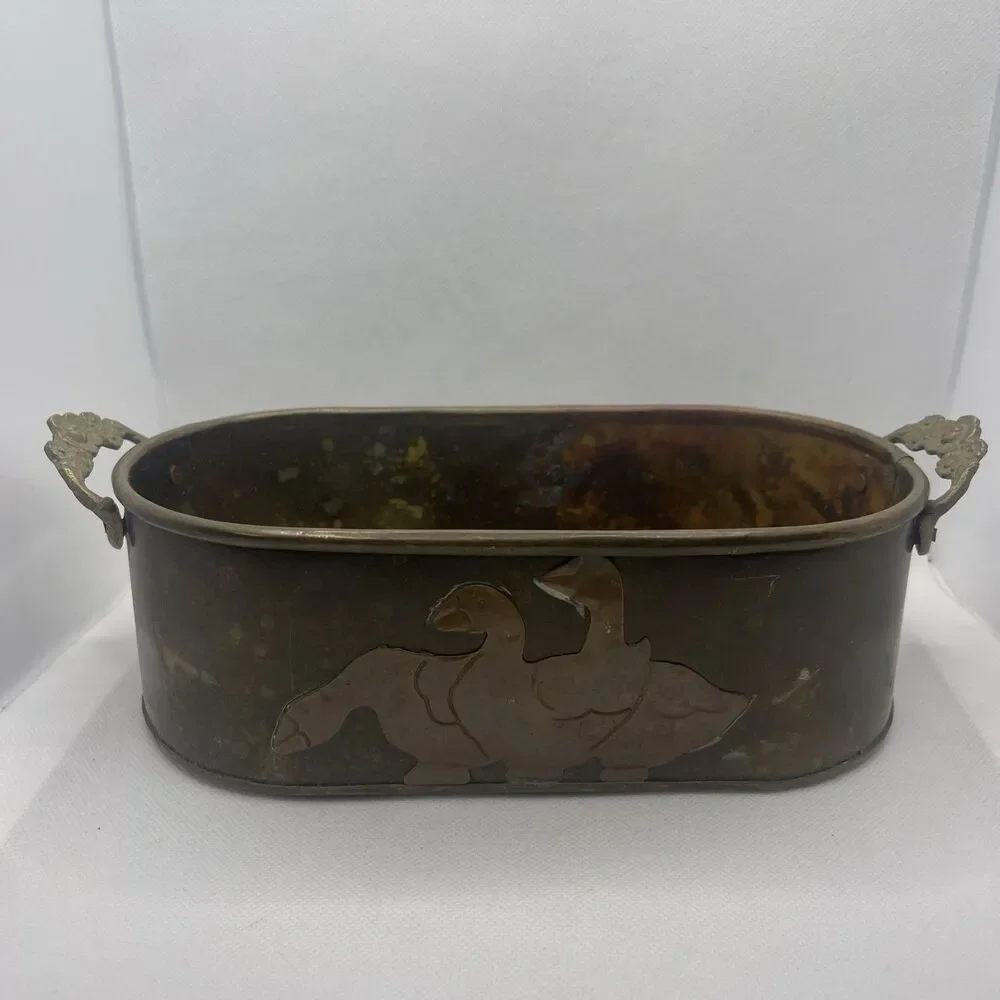 Vintage copper Duck planter with brass handles oval hand made VERY RARE
